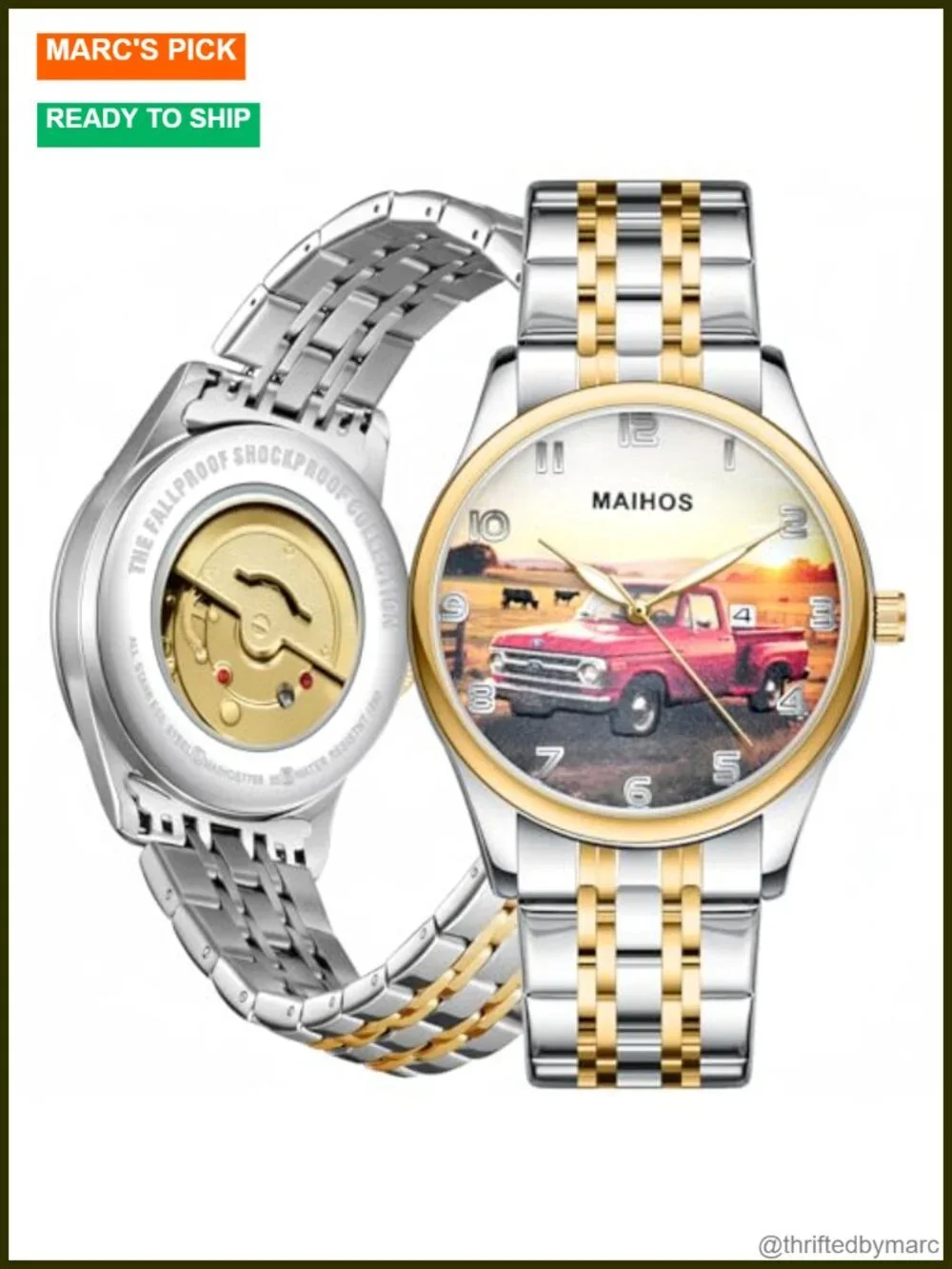 Men's Pickup Truck Dial Stainless Steel Quartz Watch Luminous Hands Date